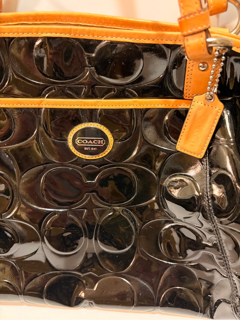 Coach Black Patent Leather Tote with Tan Trim - Picture 8 of 8